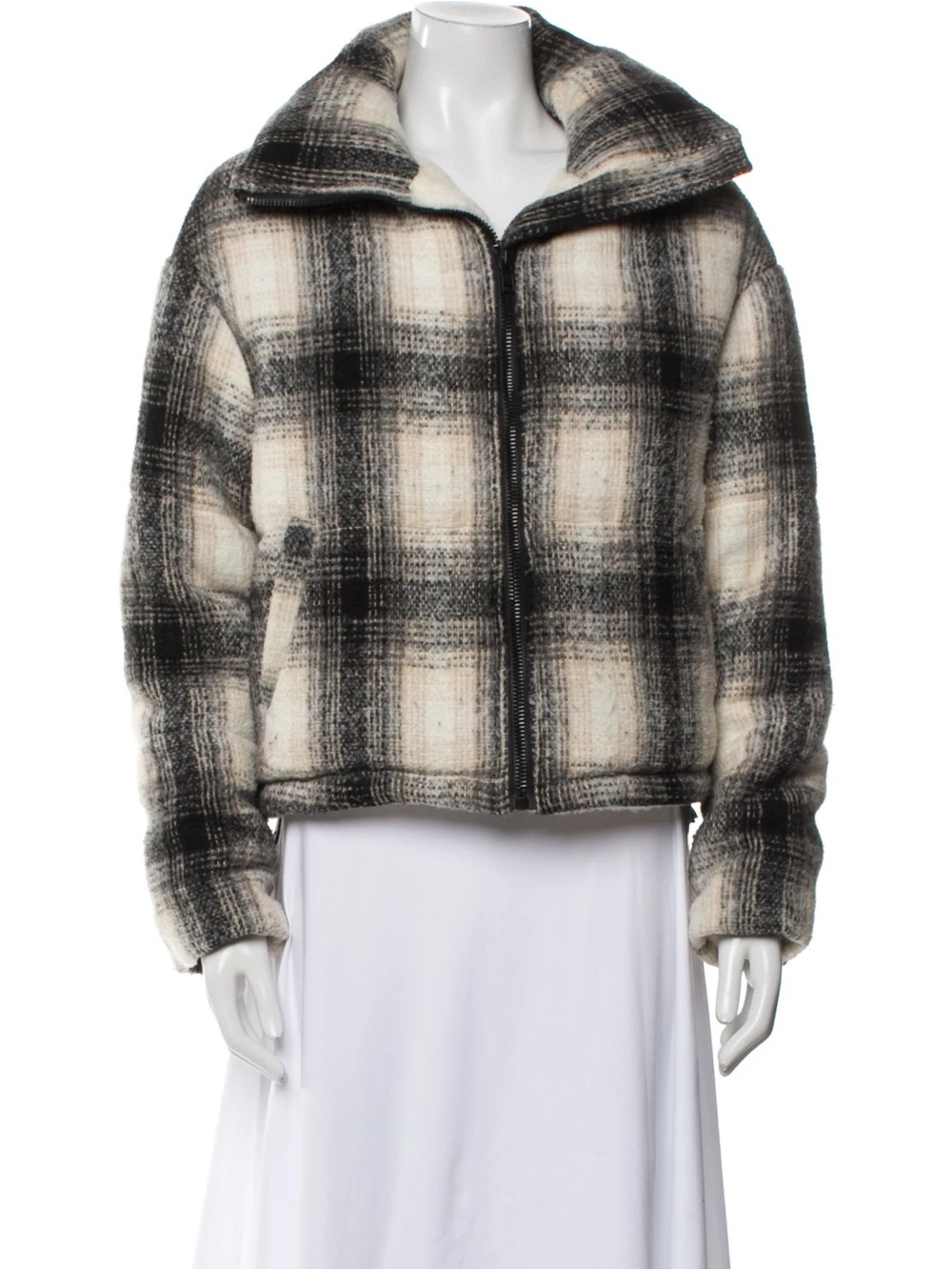 Apparis Plaid Zip-Front Puffy Jacket - Black & Cream
